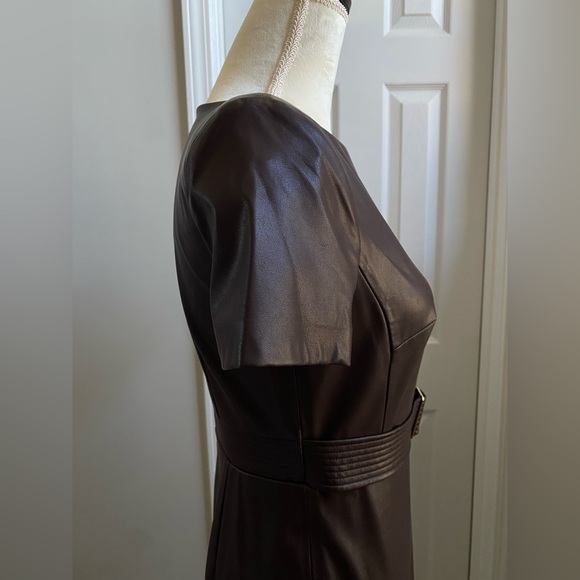 NWT Calvin Klein Belted Faux Leather Sheath Dress - Espresso Brown - Picture 12 of 16